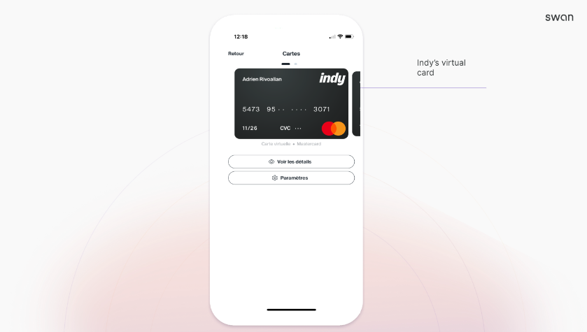 Un exemple de la Mastercard virtuelle de Indy pour les Comptes Pro.
